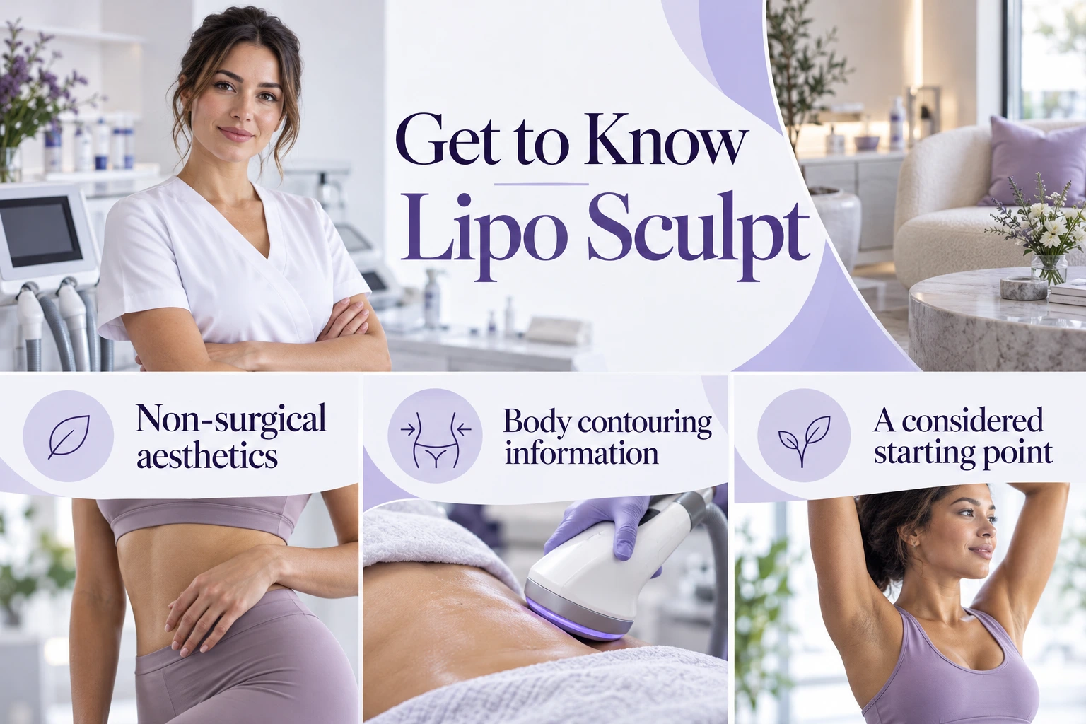Get to Know Lipo Sculpt. Non-surgical aesthetics. Body contouring information. A considered starting point. Illustrative photographs.