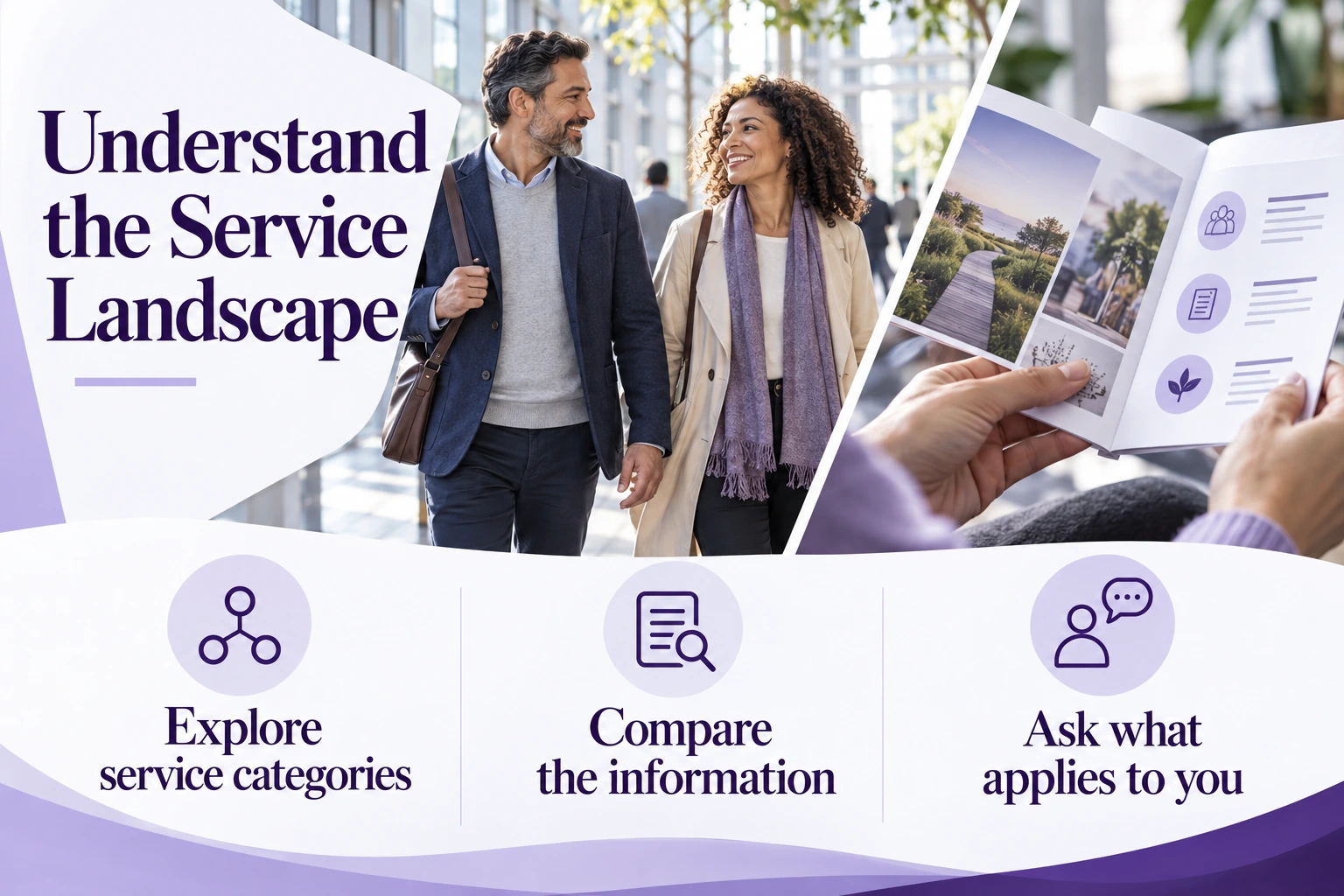 Understand the Service Landscape. Explore service categories. Compare the information. Ask what applies to you. Illustrative photographs.