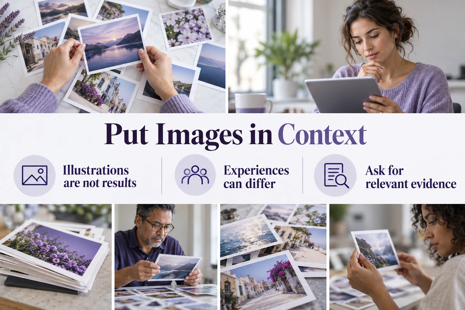 Put Images in Context. Illustrations are not results. Experiences can differ. Ask for relevant evidence. Illustrative photographs.