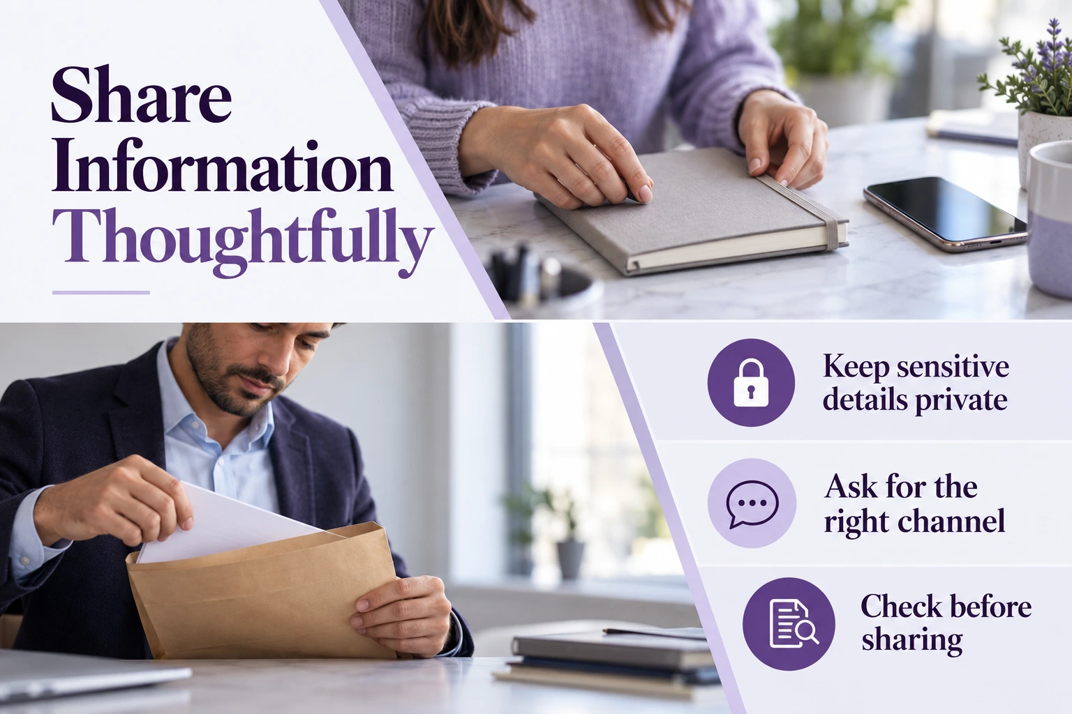 Share Information Thoughtfully. Keep sensitive details private. Ask for the right channel. Check before sharing. Illustrative photographs.