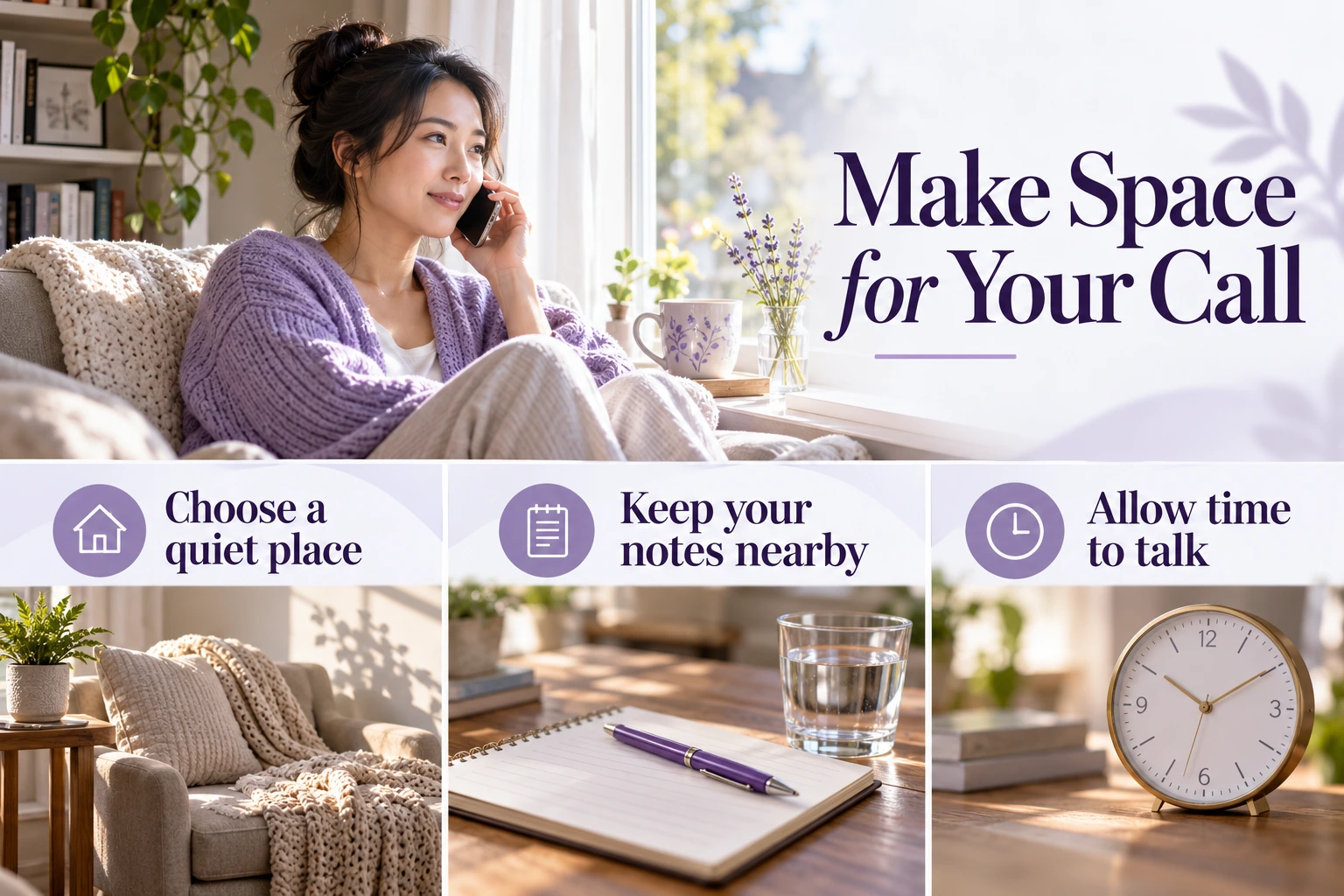 Make Space for Your Call. Choose a quiet place. Keep your notes nearby. Allow time to talk. Illustrative photographs.