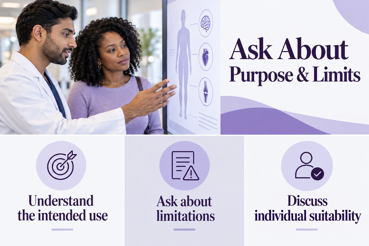 Ask About Purpose & Limits. Understand the intended use. Ask about limitations. Discuss individual suitability. Illustrative photographs.