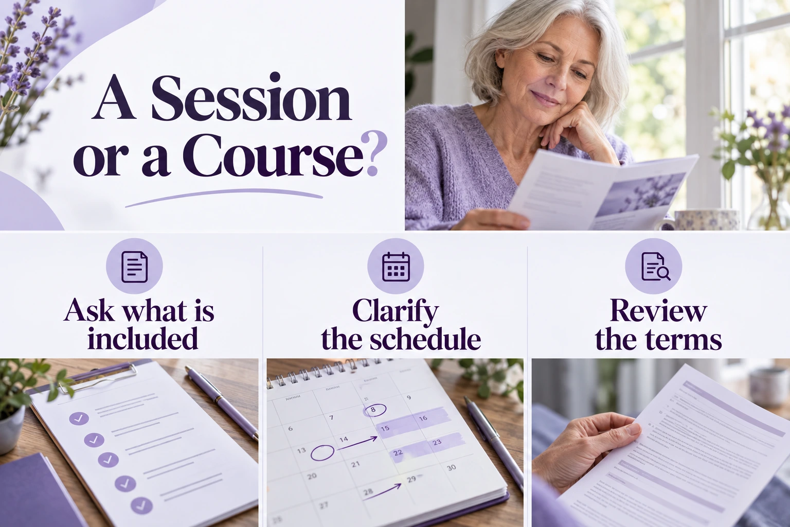 A Session or a Course?. Ask what is included. Clarify the schedule. Review the terms. Illustrative photographs.