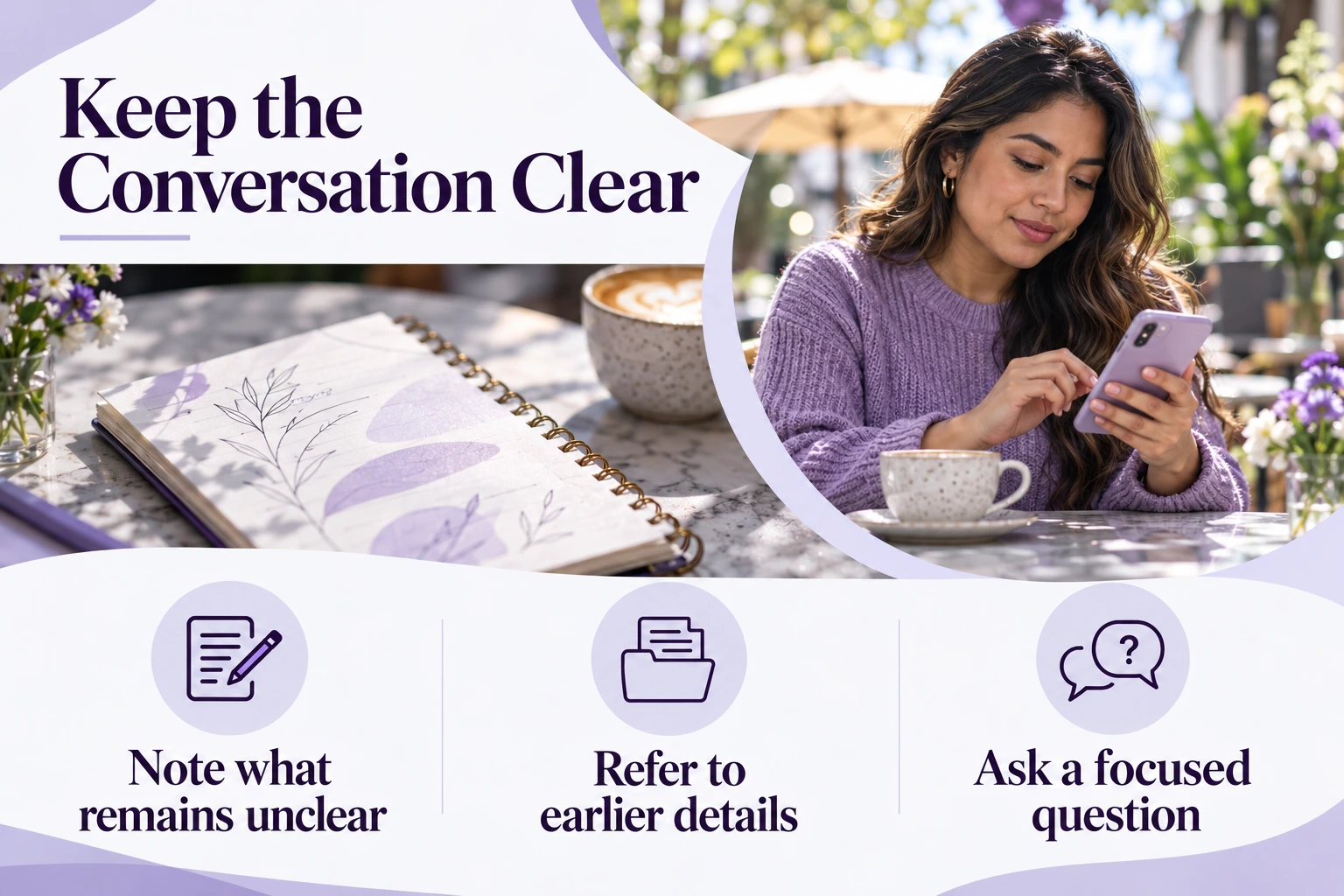 Keep the Conversation Clear. Note what remains unclear. Refer to earlier details. Ask a focused question. Illustrative photographs.