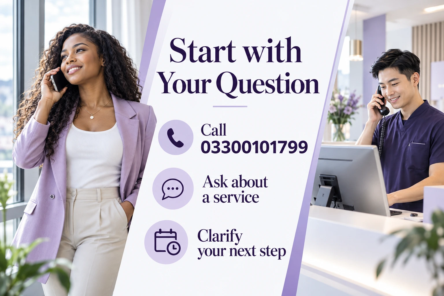Start with Your Question. Call 03300101799. Ask about a service. Clarify your next step. Illustrative photographs.