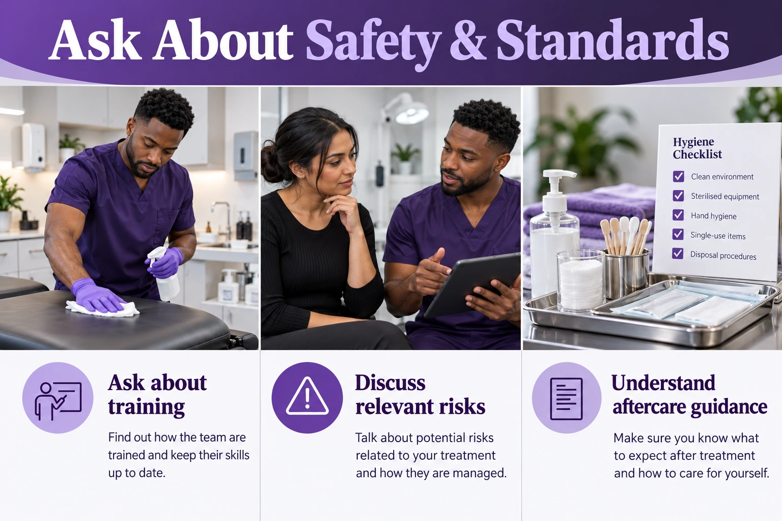 Ask About Safety & Standards. Ask about training. Discuss relevant risks. Understand aftercare guidance. Illustrative photographs.