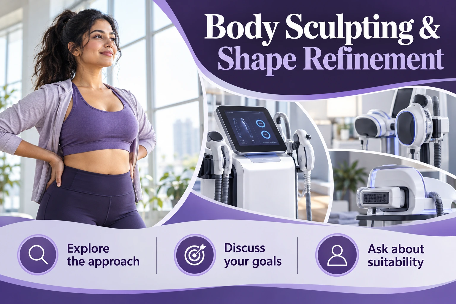 Body Sculpting & Shape Refinement. Explore the approach. Discuss your goals. Ask about suitability. Illustrative photographs.