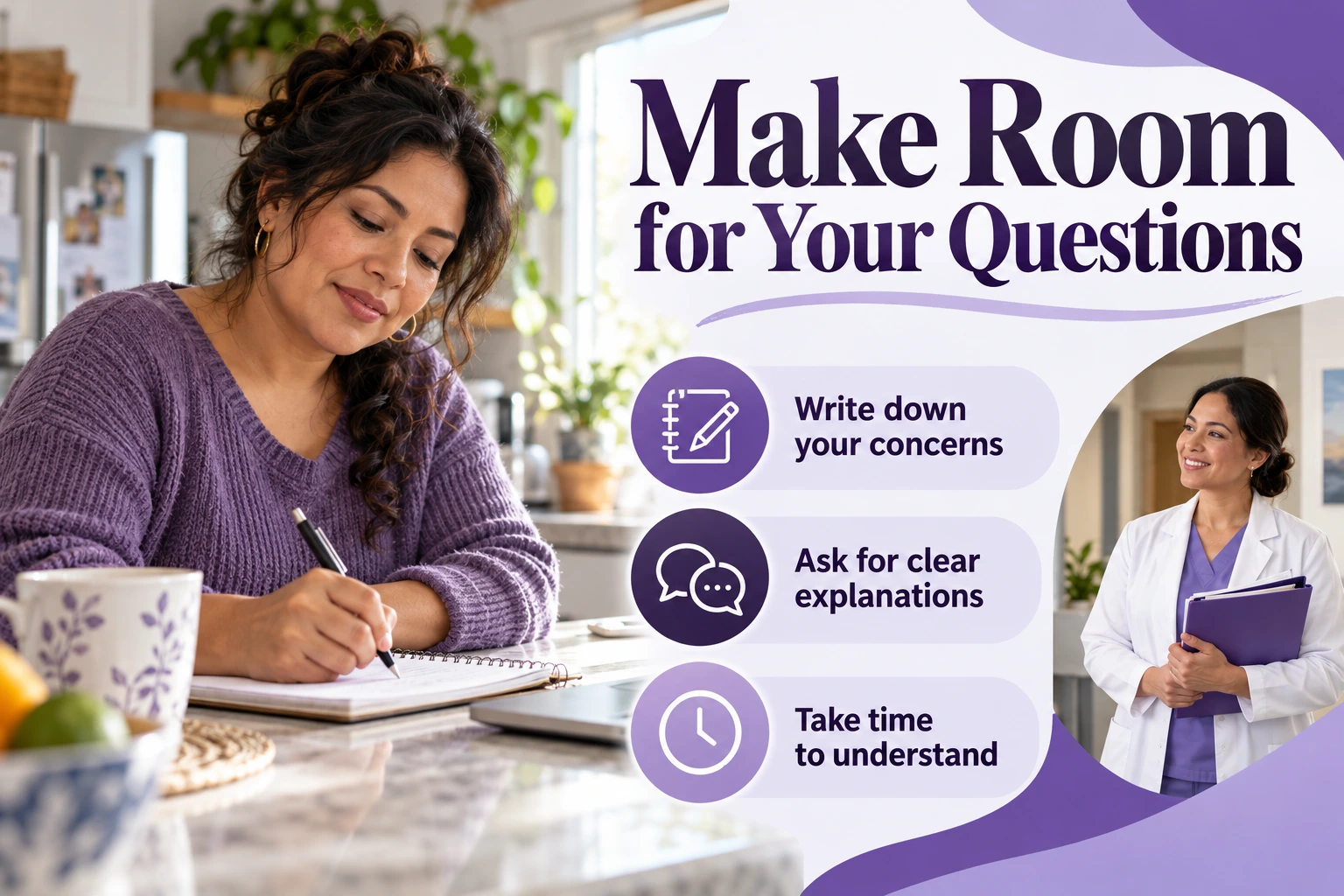 Make Room for Your Questions. Write down your concerns. Ask for clear explanations. Take time to understand. Illustrative photographs.