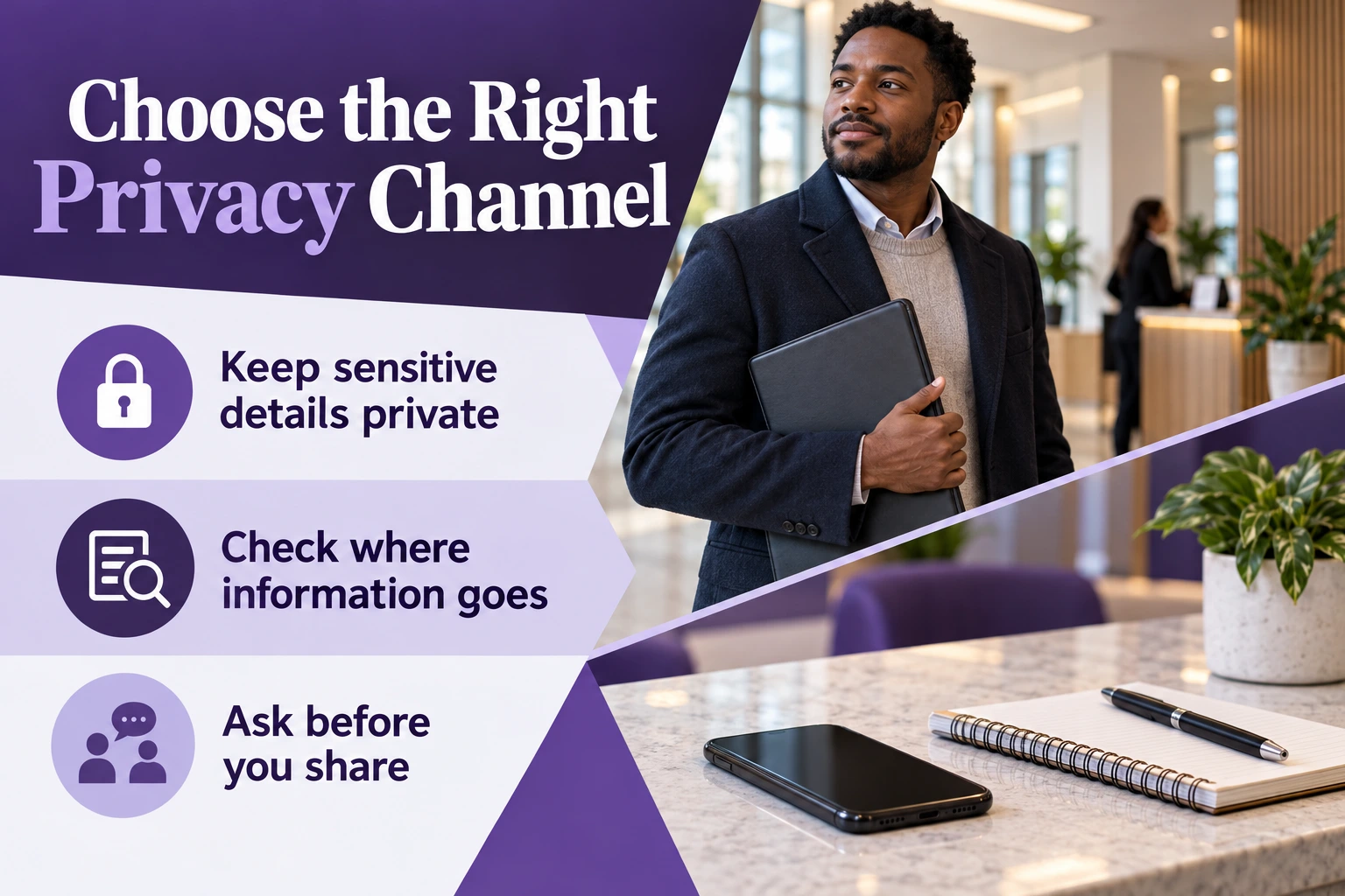 Choose the Right Privacy Channel. Keep sensitive details private. Check where information goes. Ask before you share. Illustrative photographs.