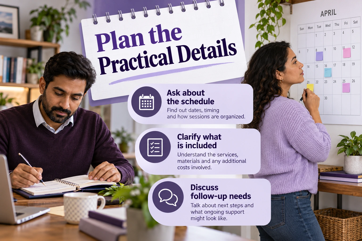 Plan the Practical Details. Ask about the schedule. Clarify what is included. Discuss follow-up needs. Illustrative photographs.