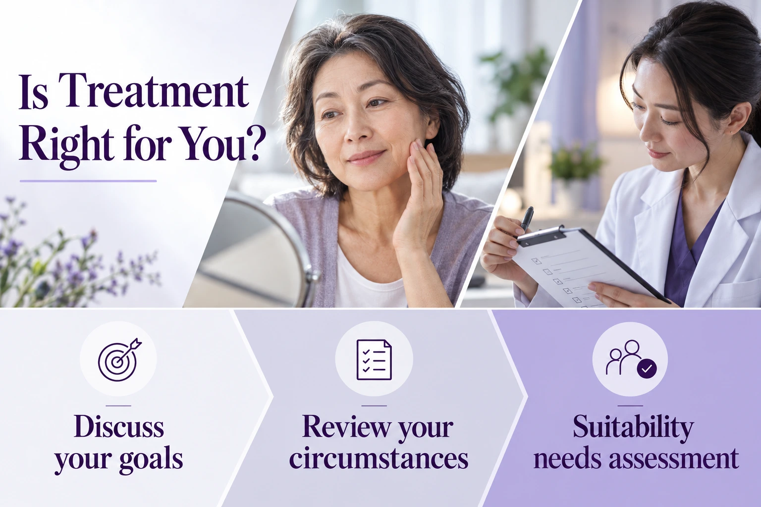 Is Treatment Right for You?. Discuss your goals. Review your circumstances. Suitability needs assessment. Illustrative photographs.