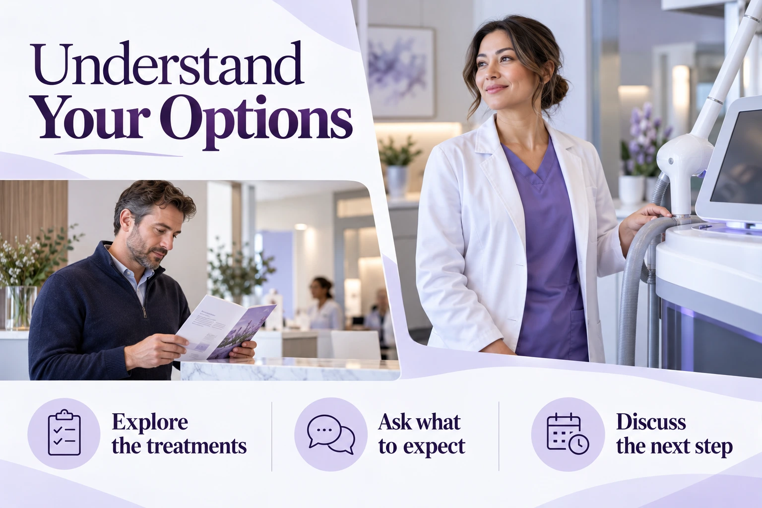 Understand Your Options. Explore the treatments. Ask what to expect. Discuss the next step. Illustrative photographs.