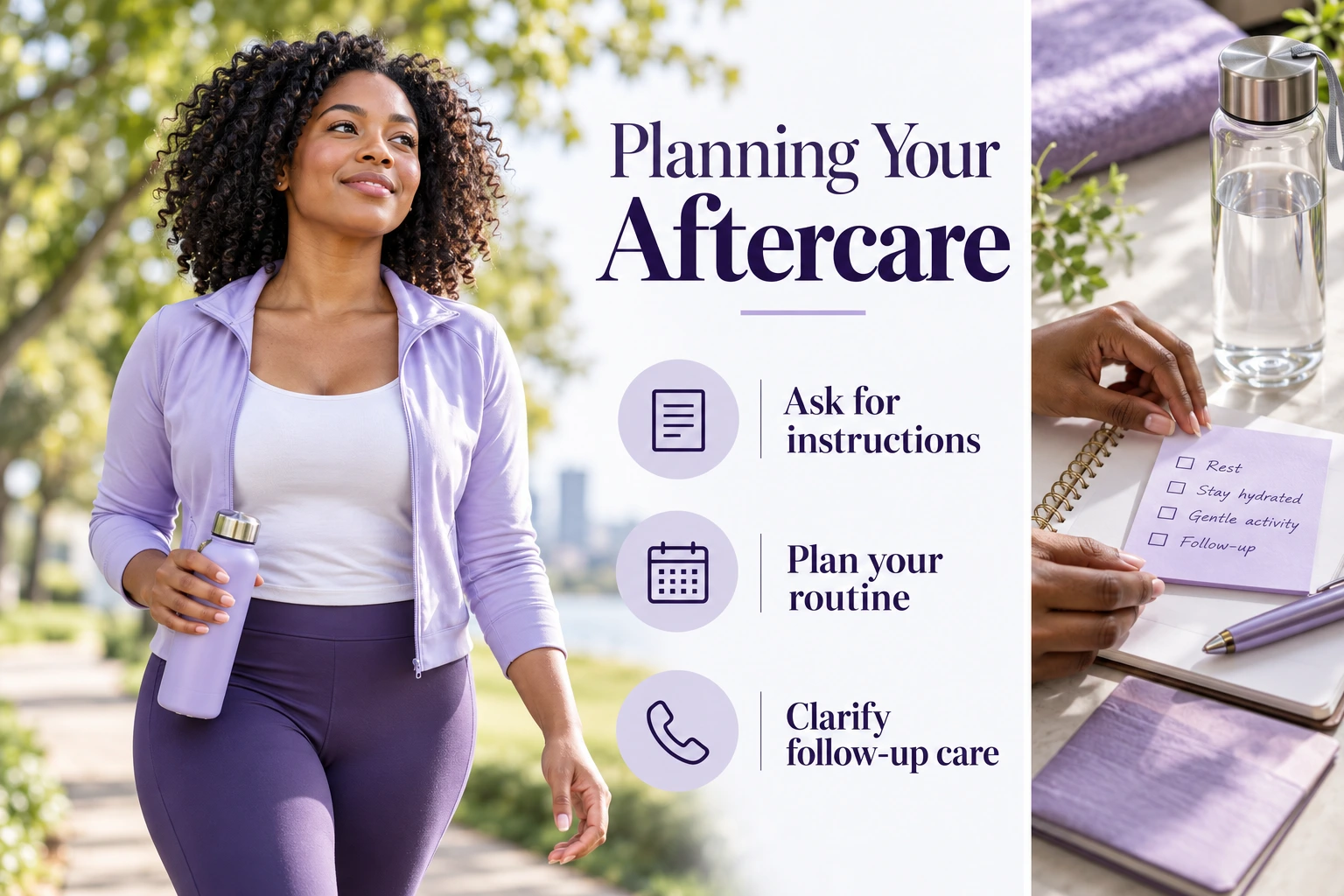 Planning Your Aftercare. Ask for instructions. Plan your routine. Clarify follow-up care. Illustrative photographs.