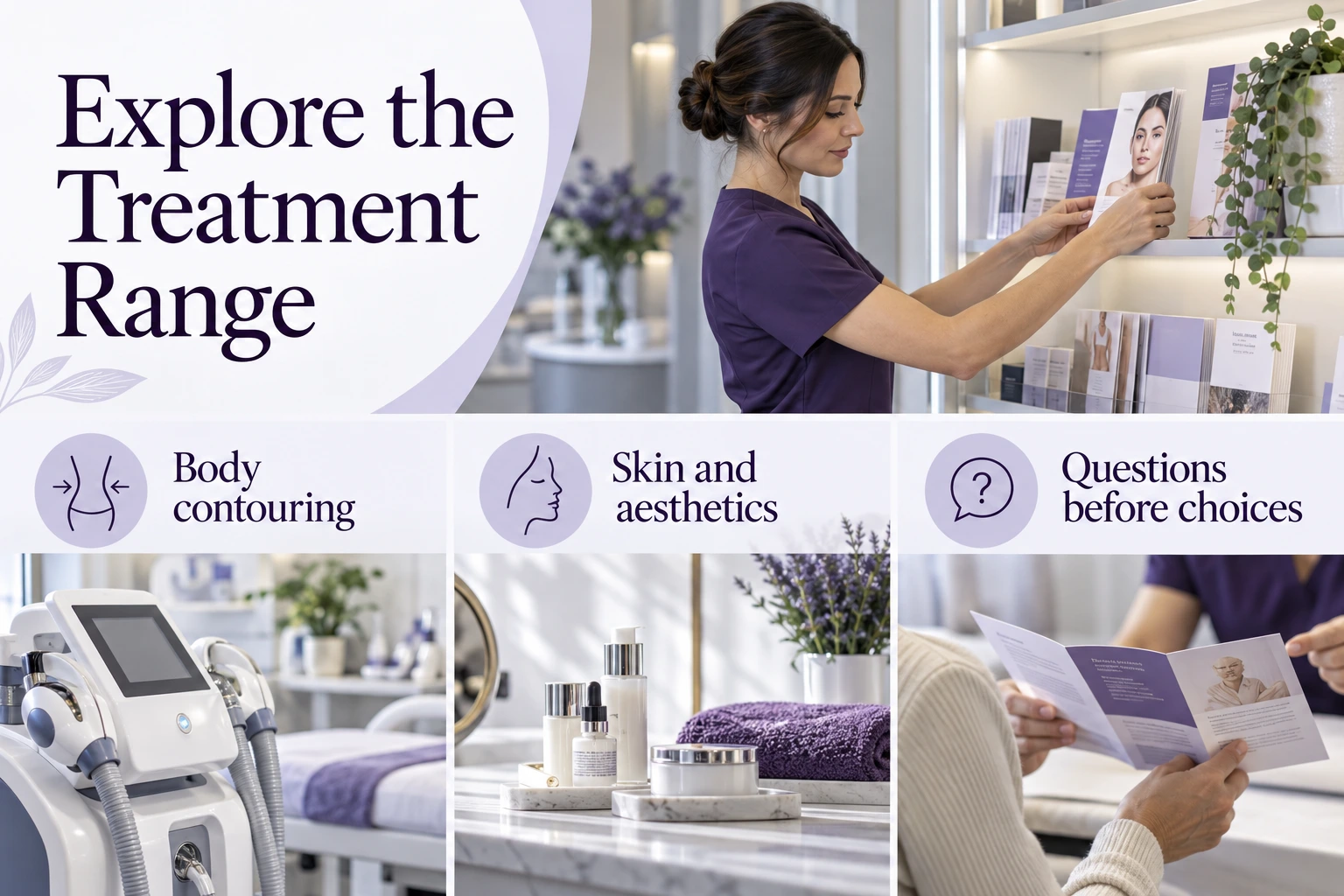 Explore the Treatment Range. Body contouring. Skin and aesthetics. Questions before choices. Illustrative photographs.