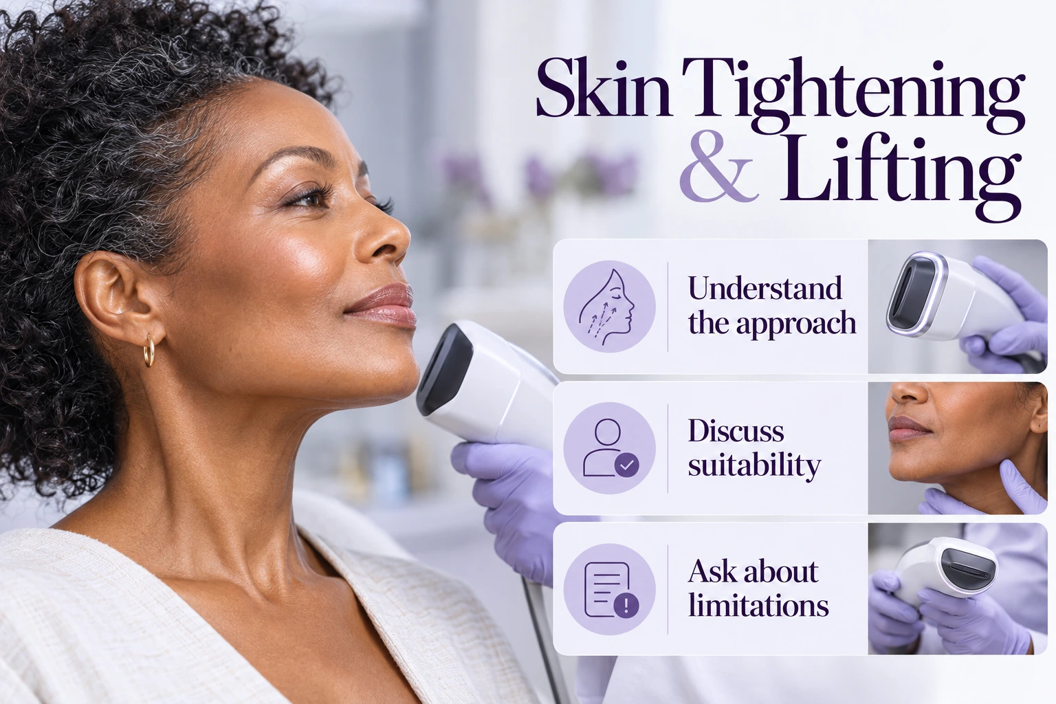 Skin Tightening & Lifting. Understand the approach. Discuss suitability. Ask about limitations. Illustrative photographs.