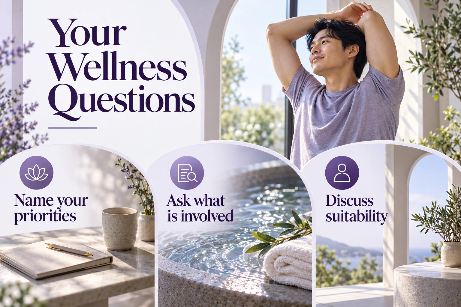 Your Wellness Questions. Name your priorities. Ask what is involved. Discuss suitability. Illustrative photographs.