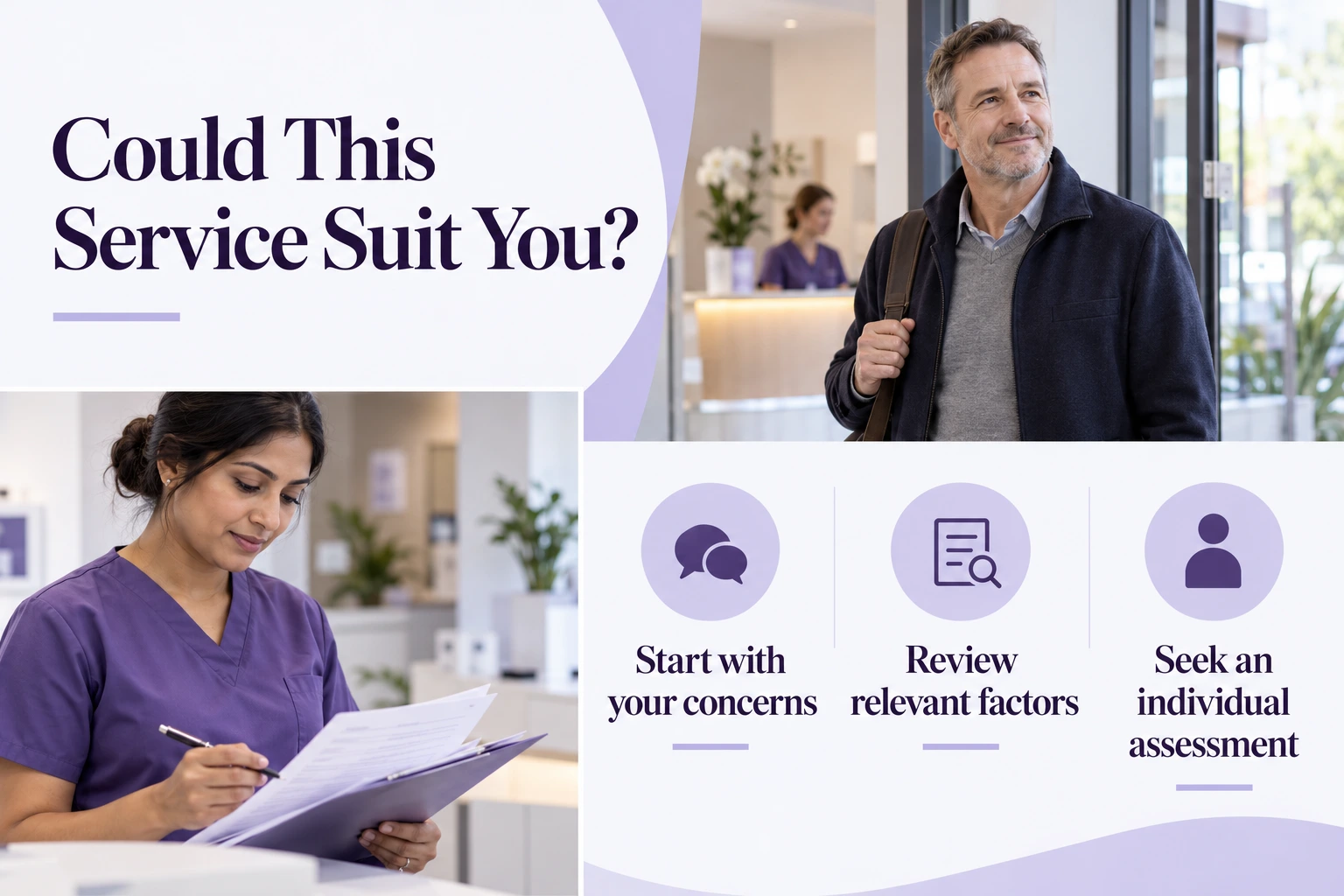 Could This Service Suit You?. Start with your concerns. Review relevant factors. Seek an individual assessment. Illustrative photographs.